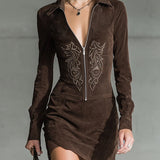 Embroidered Suede Mini Dress, Dark Brown — view 3