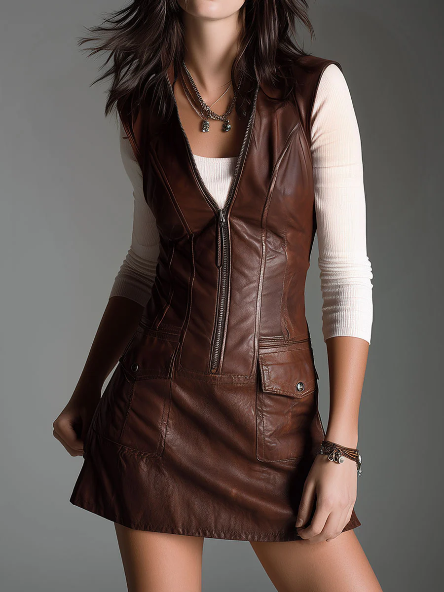 Mini Dress in Faux Leather with Zip, Chocolate Shade — view 9