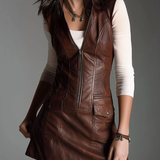 Mini Dress in Faux Leather with Zip, Chocolate Shade — view 9