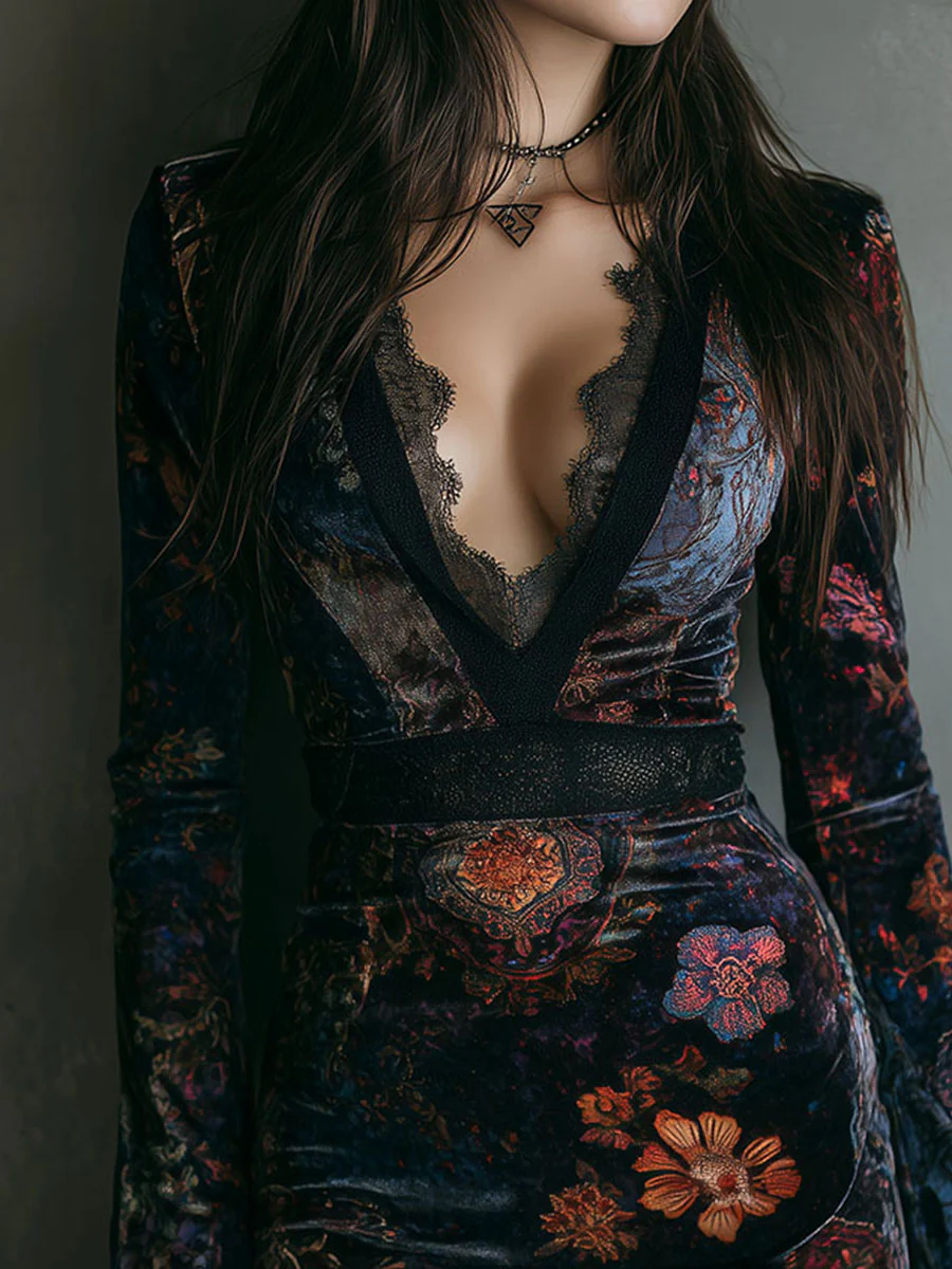 Fitted Mini Velvet Dress with Floral Pattern and V-Neck — view 4
