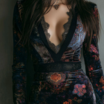 Fitted Mini Velvet Dress with Floral Pattern and V-Neck — view 4