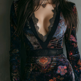 Fitted Mini Velvet Dress with Floral Pattern and V-Neck — view 4