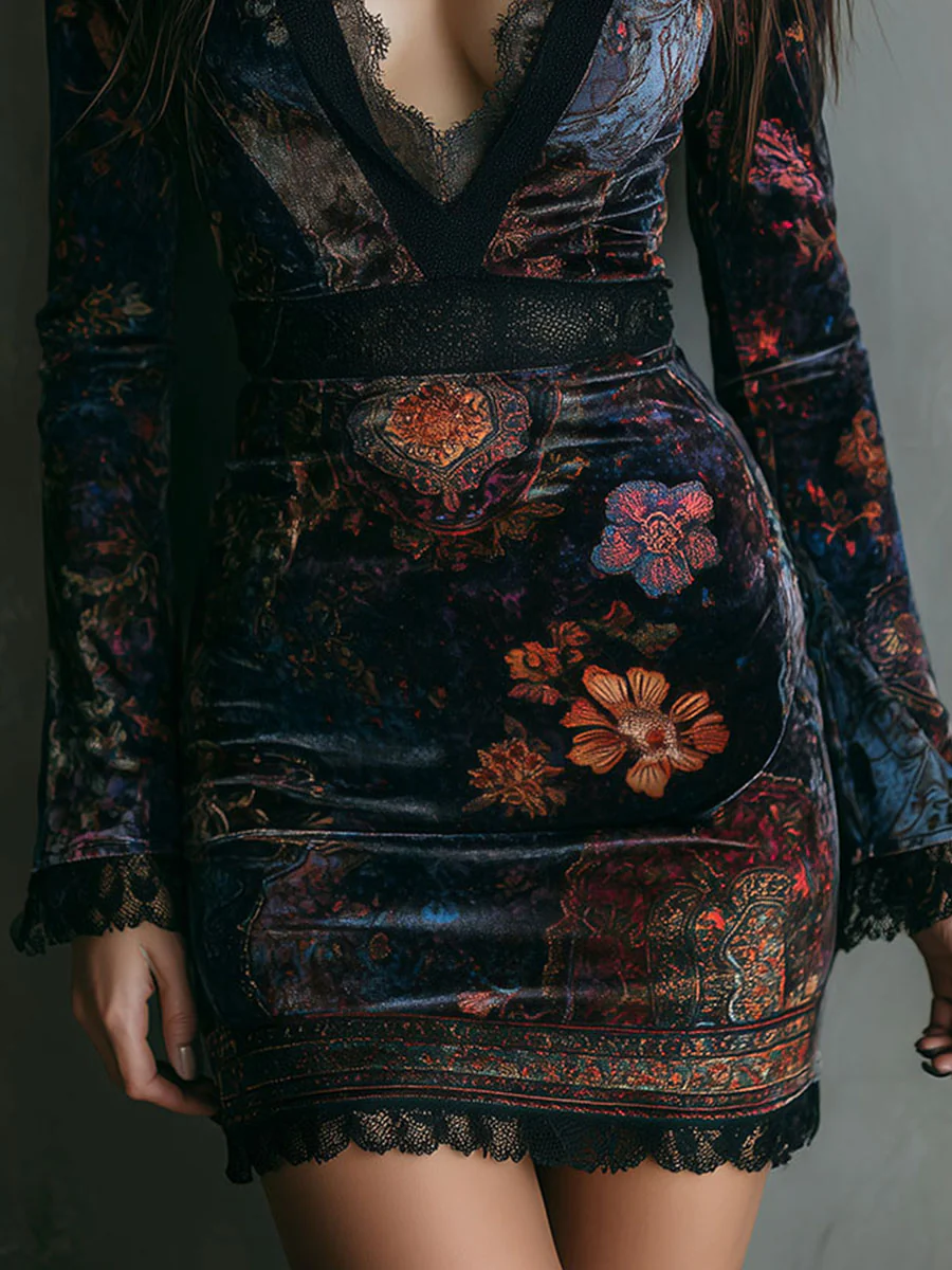 Fitted Mini Velvet Dress with Floral Pattern and V-Neck — view 5