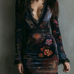 Fitted Mini Velvet Dress with Floral Pattern and V-Neck