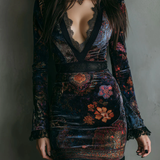 Fitted Mini Velvet Dress with Floral Pattern and V-Neck