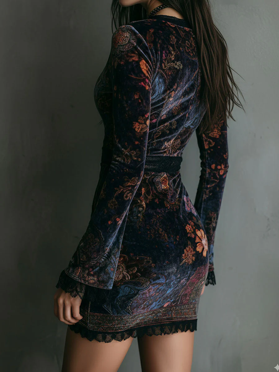Fitted Mini Velvet Dress with Floral Pattern and V-Neck — view 3