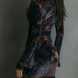 Fitted Mini Velvet Dress with Floral Pattern and V-Neck — view 3
