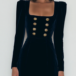 Elegant Blue Velvet Mini Dress with Gold Buttons
