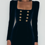 Elegant Blue Velvet Mini Dress with Gold Buttons