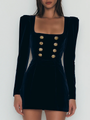 Elegant Blue Velvet Mini Dress with Gold Buttons