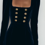Elegant Blue Velvet Mini Dress with Gold Buttons — view 2
