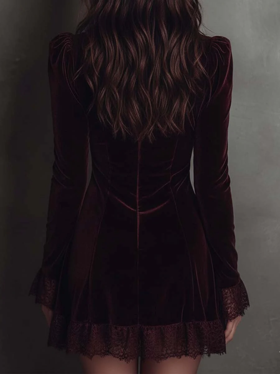 Burgundy Velvet Mini Dress with Lace — view 7