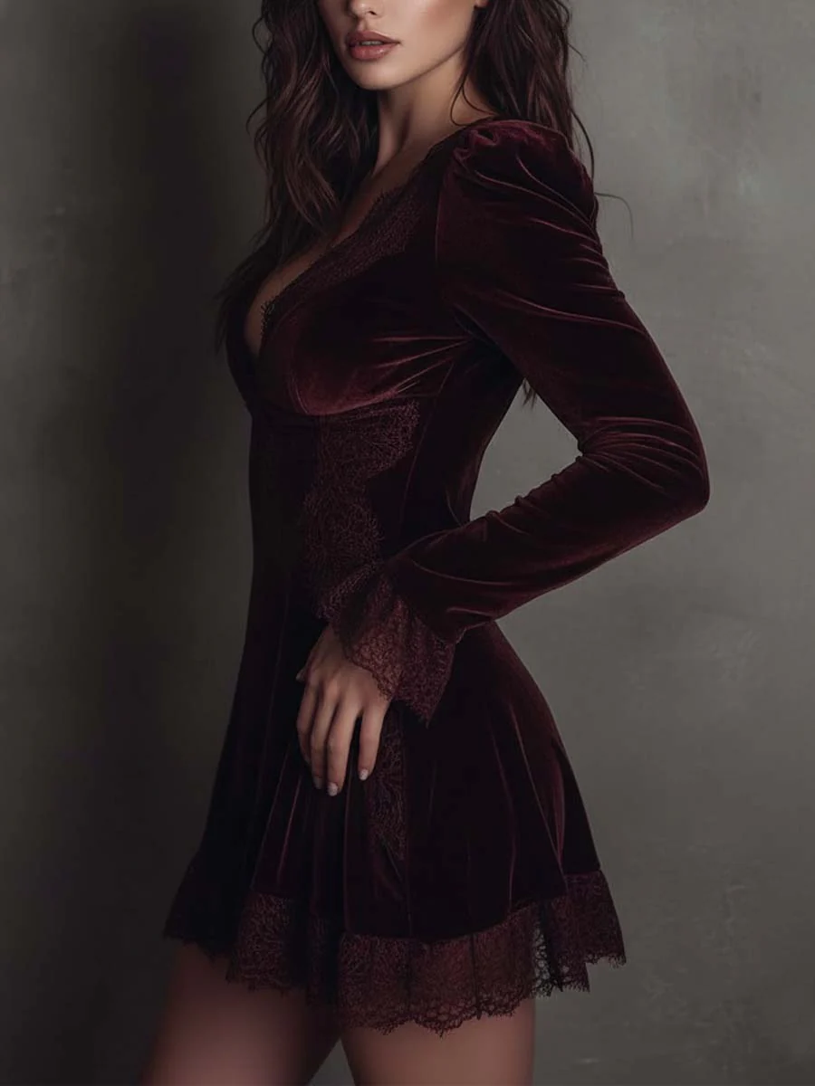 Burgundy Velvet Mini Dress with Lace — view 2