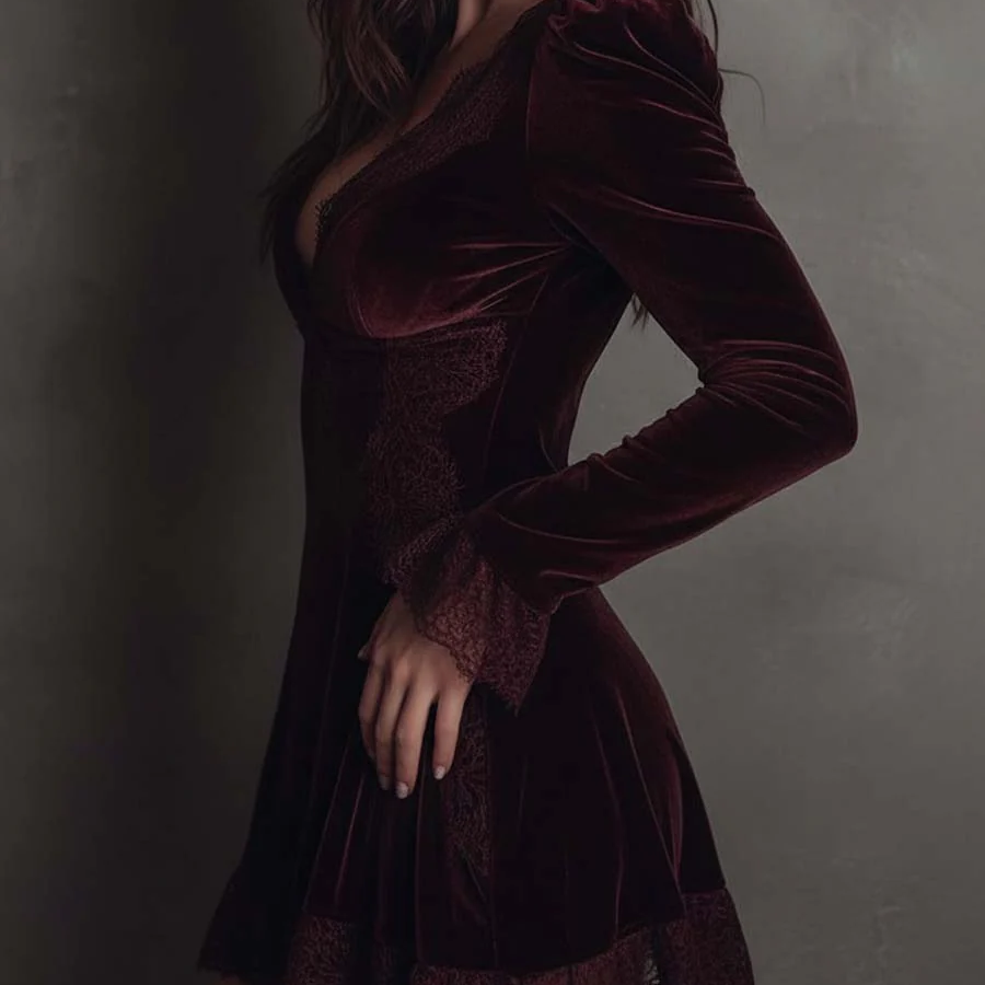 Burgundy Velvet Mini Dress with Lace — view 2