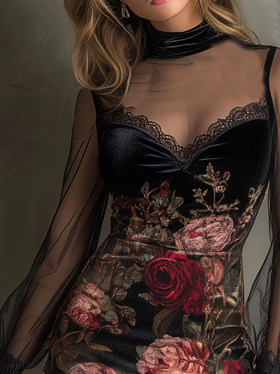Mini Tulle Dress with Rose Pattern and Lace — view 5