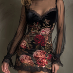 Mini Tulle Dress with Rose Pattern and Lace