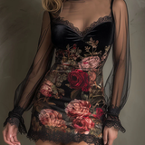 Mini Tulle Dress with Rose Pattern and Lace