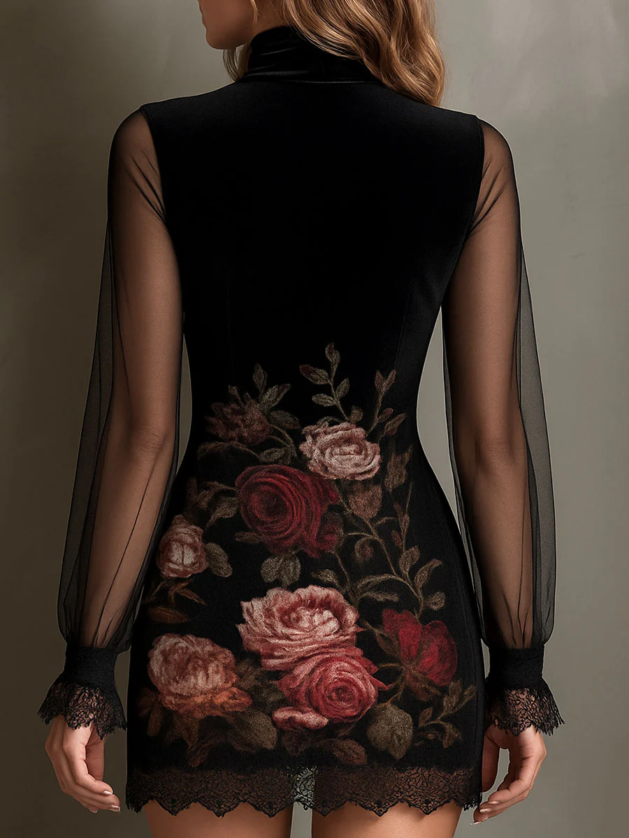 Mini Tulle Dress with Rose Pattern and Lace — view 3