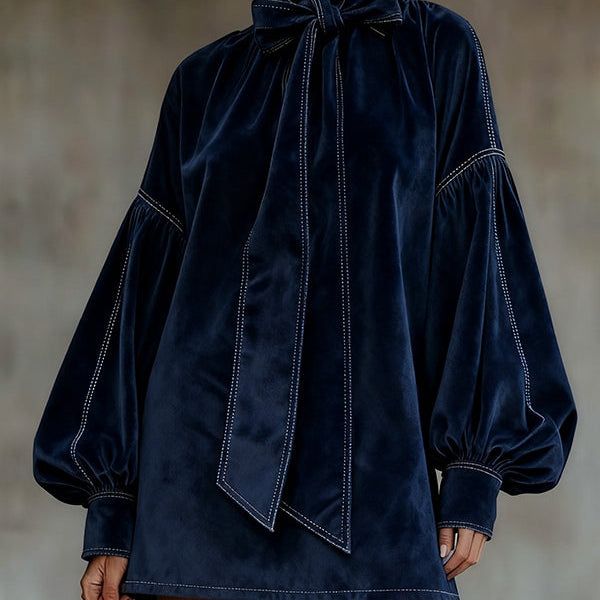 Dark Blue Velvet Mini Dress with Puff Sleeves