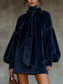 Dark Blue Velvet Mini Dress with Puff Sleeves