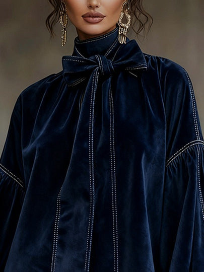 Dark Blue Velvet Mini Dress with Puff Sleeves — view 2