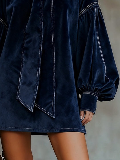 Dark Blue Velvet Mini Dress with Puff Sleeves — view 3