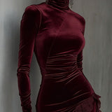 Bordeaux Velvet and Lace Fitted Mini Dress with High Neck — view 2
