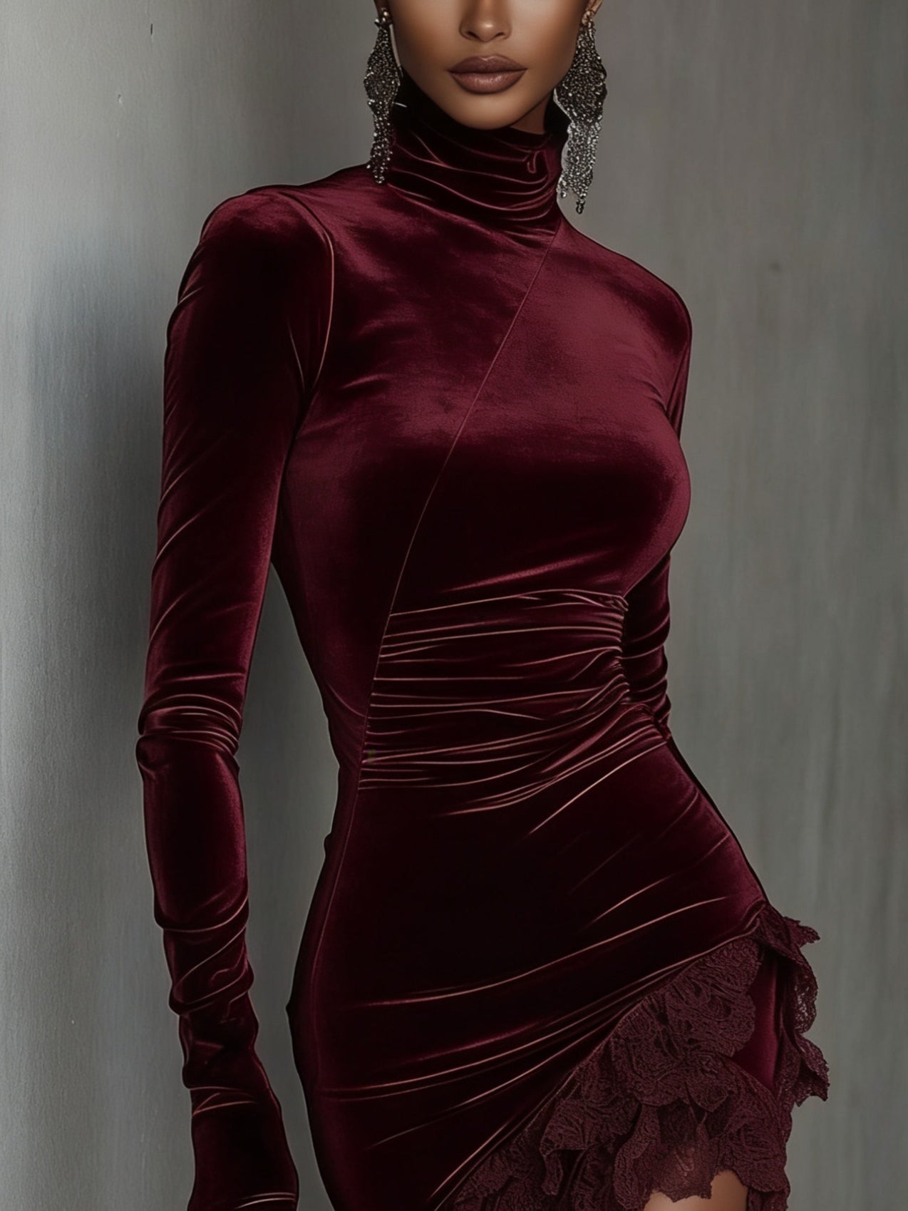 Bordeaux Velvet and Lace Fitted Mini Dress with High Neck — view 2