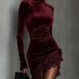 Bordeaux Velvet and Lace Fitted Mini Dress with High Neck