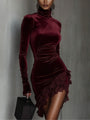 Bordeaux Velvet and Lace Fitted Mini Dress with High Neck
