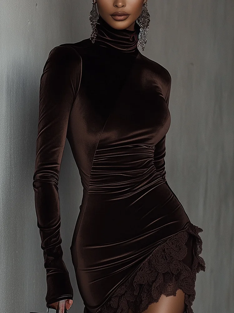 Fitted Chocolate Brown Velvet Mini Dress with High Neck and Lace — view 2