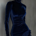 Dark Blue Velvet Fitted Mini Dress with High Neck and Lace