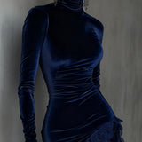 Dark Blue Velvet Fitted Mini Dress with High Neck and Lace