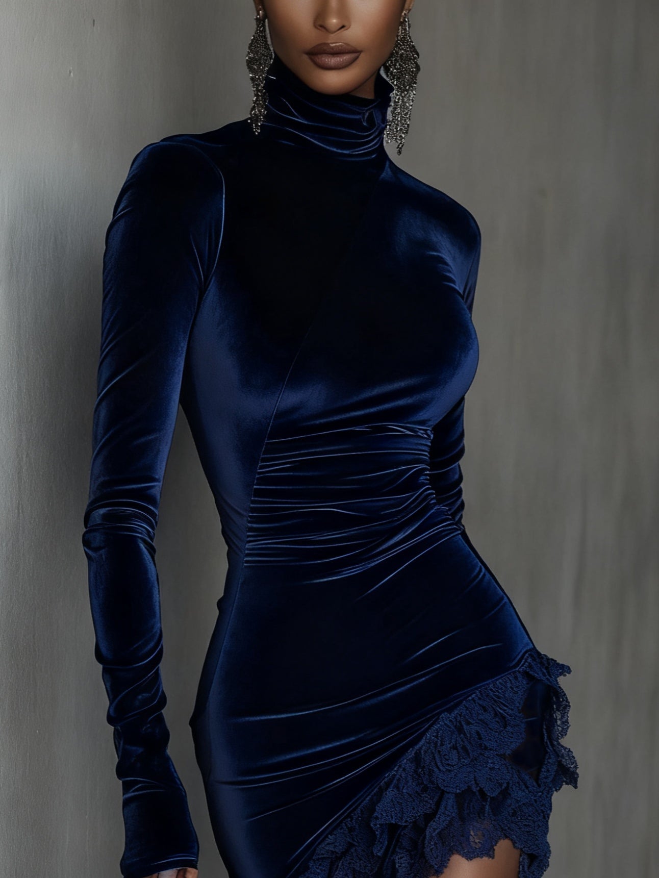 Dark Blue Velvet Fitted Mini Dress with High Neck and Lace