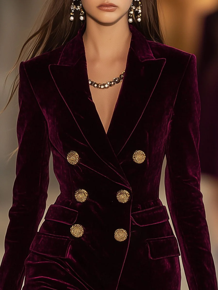 Red Velvet Mini Dress with Double Lapels and Pockets — view 3