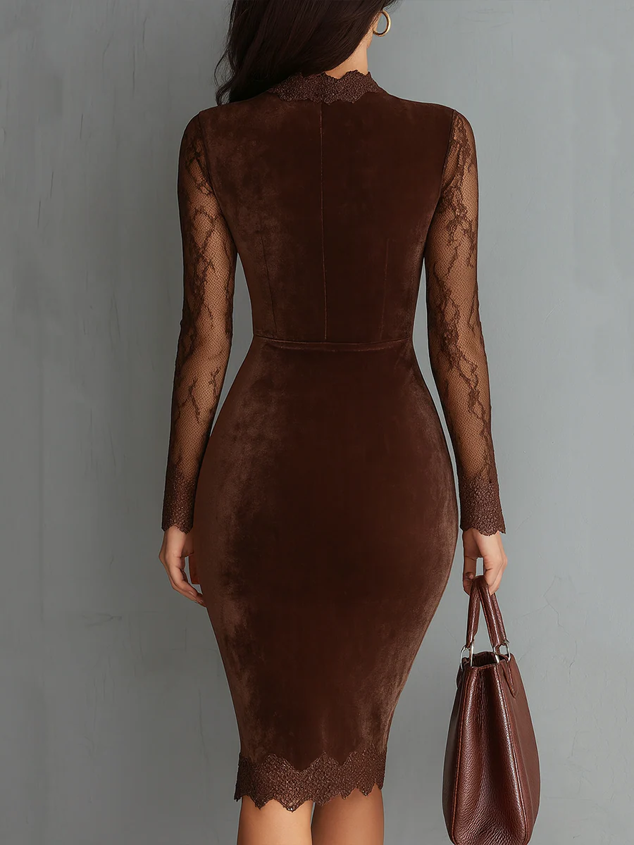 Mini Velvet Dress with Keyhole Neckline and Lace Sleeves — view 2