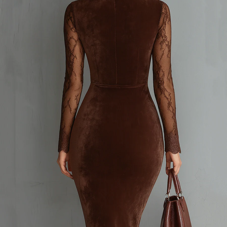 Mini Velvet Dress with Keyhole Neckline and Lace Sleeves — view 2