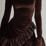 Mini Brown Velvet Dress with Folded Collar and Lace — view 3