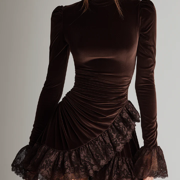 Mini Brown Velvet Dress with Folded Collar and Lace