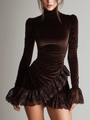 Mini Brown Velvet Dress with Folded Collar and Lace