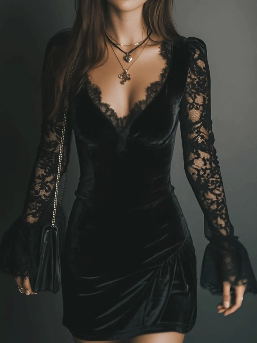 Black Velvet Mini Dress with Bell Sleeves and Lace — view 4