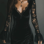 Black Velvet Mini Dress with Bell Sleeves and Lace — view 4
