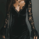 Black Velvet Mini Dress with Bell Sleeves and Lace — view 4