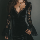 Black Velvet Mini Dress with Bell Sleeves and Lace