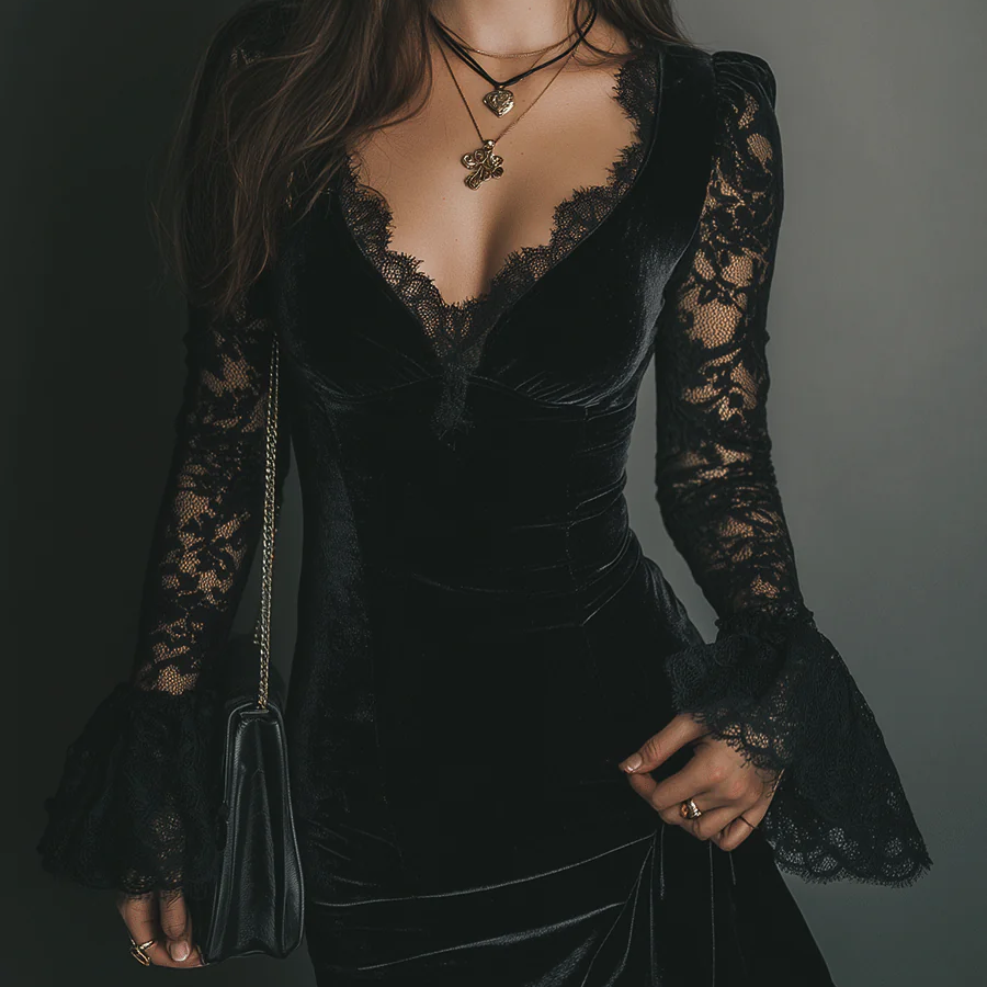 Black Velvet Mini Dress with Bell Sleeves and Lace