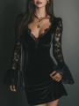 Black Velvet Mini Dress with Bell Sleeves and Lace