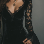 Black Velvet Mini Dress with Bell Sleeves and Lace — view 2
