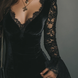 Black Velvet Mini Dress with Bell Sleeves and Lace — view 2