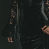 Black Velvet Mini Dress with Bell Sleeves and Lace — view 5