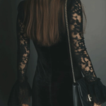 Black Velvet Mini Dress with Bell Sleeves and Lace — view 3